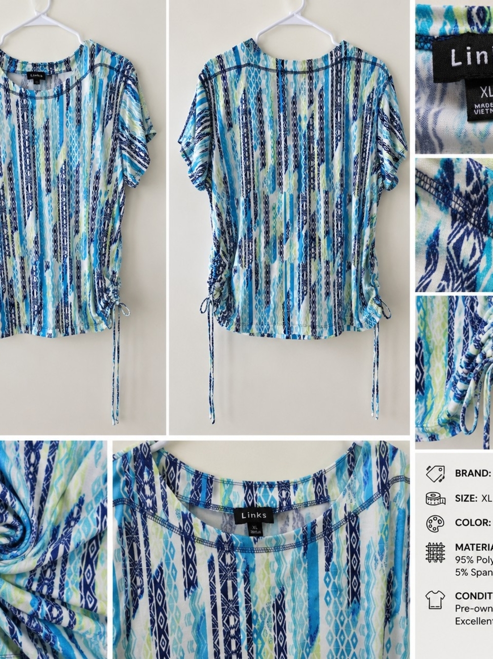 Links Women's Blue Green Abstract Print Side Tie Short Sleeve Top XL